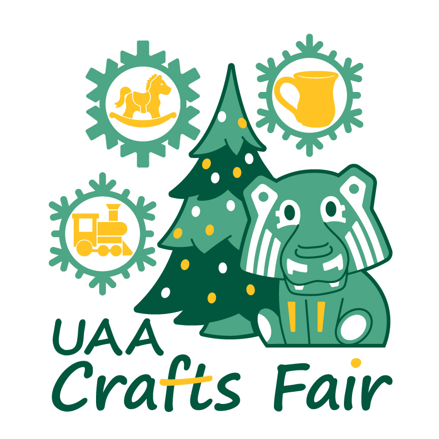 UAA Crafts Fair logo. The University of Alaska Anchorage mascot, a seawolf, sits in front of a Christmas tree. There are decorative snowflakes framing various craft items.